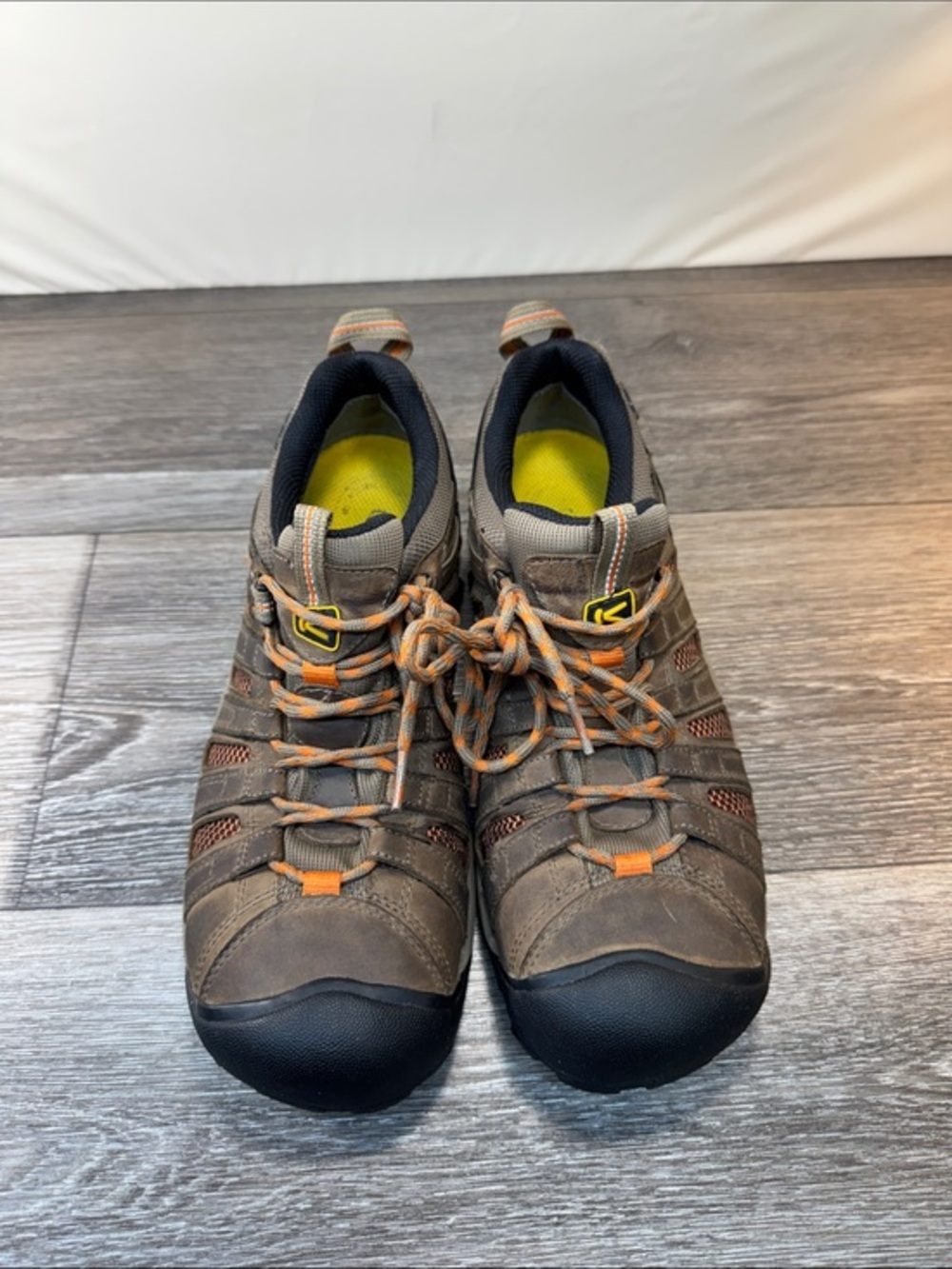 Keen Brown and Orange Men's Hiking Boots steel toe shoes size 10.5 (j251)